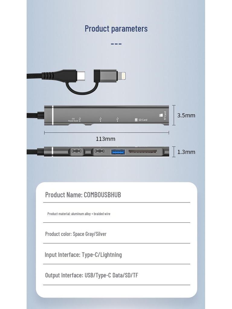 Multifunctional 5-Port Hub with TF/SD Card Reader & USB/Type-C for Apple & Android Devices
