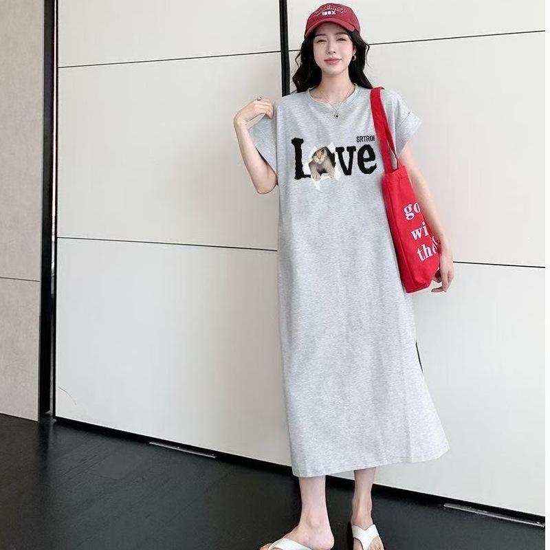 T-shirt Loose Casual Oversized Dress with A Slit At The Hem and A Long Skirt Design