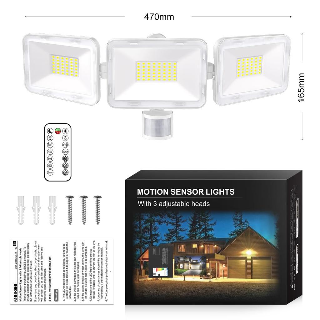 MEIKEE Motion Sensor Light, 70W LED Sensor Light for Outdoor Use [3-Sided Lighting, Remote Control, Steady-On Function], 7000LM Ultra-Bright Motion