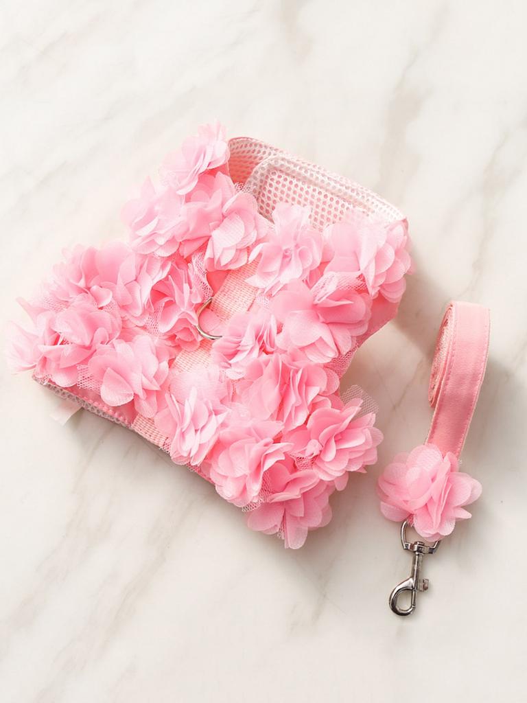 1 Zestaw Urocza Mała Uprząż dla Psa i Zestaw Smyczy Różowa Koronkowa Kwiatowa Uprząż dla Szczeniaka Dziewczynki dla Małych Psów Kotów Miękka Siateczka Mały Rozmiar Psa