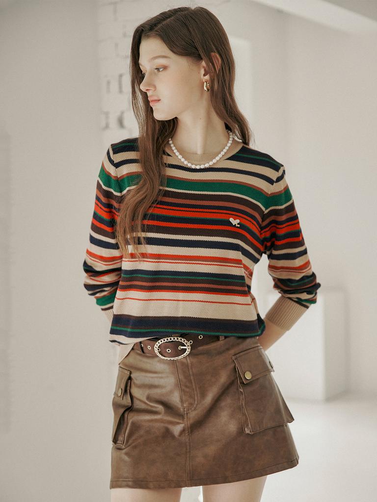 MAXZA Multi-Stripe Pattern Round Neck Knit