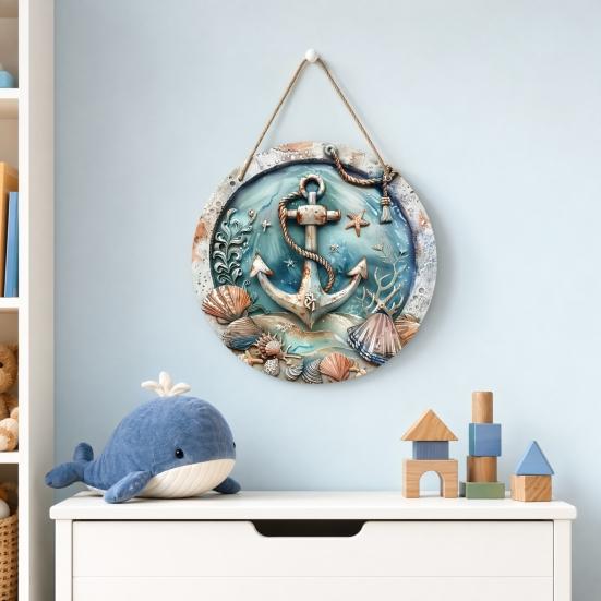 Decorative Hanging Sign Lightweight Wooden Wall Art Sign with Marine Elements Rudder Lifebuoy