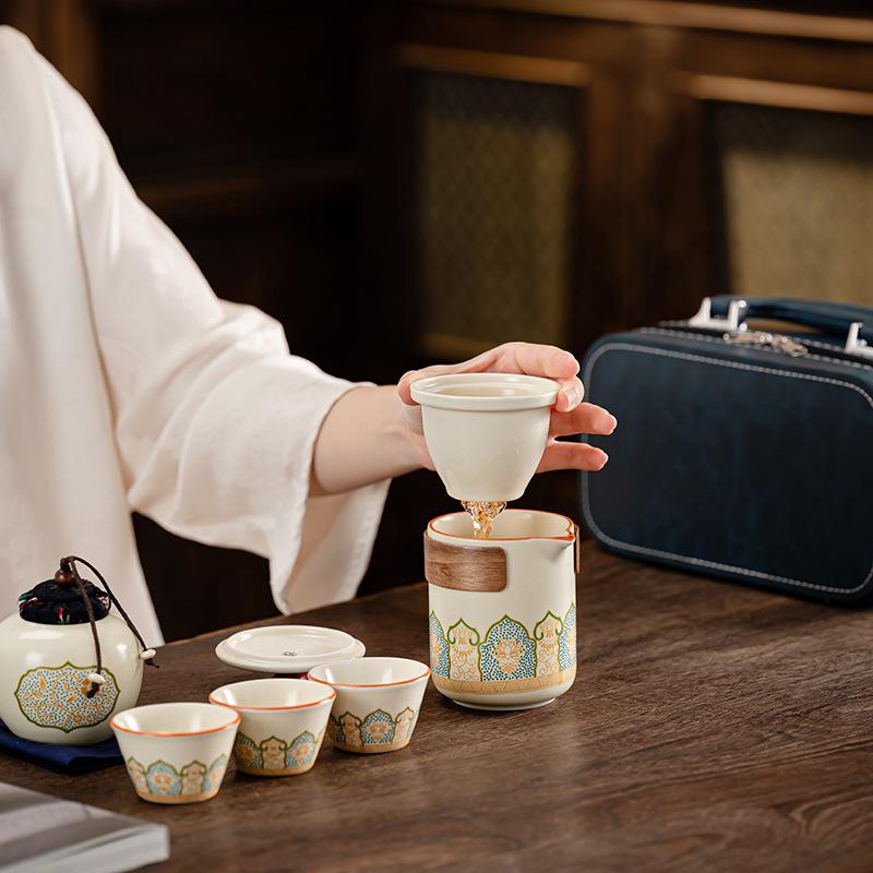 Dehua ceramic travel tea set Ru kiln retro outdoor ancient rhyme hand-held pot camping portable tea fast customer set