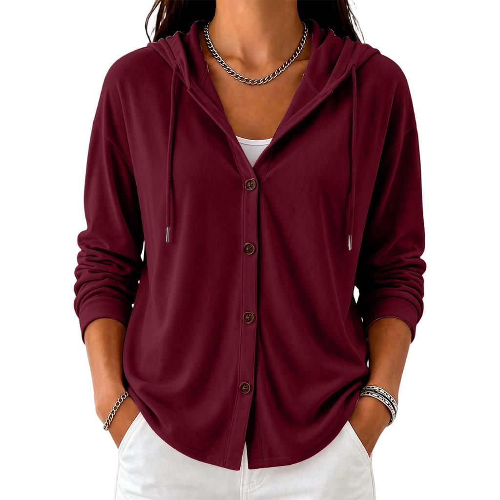 Cardigan con cappuccio da donna a manica lunga, vestibilità ampia, chiusura con bottoni, colore casual, maglione