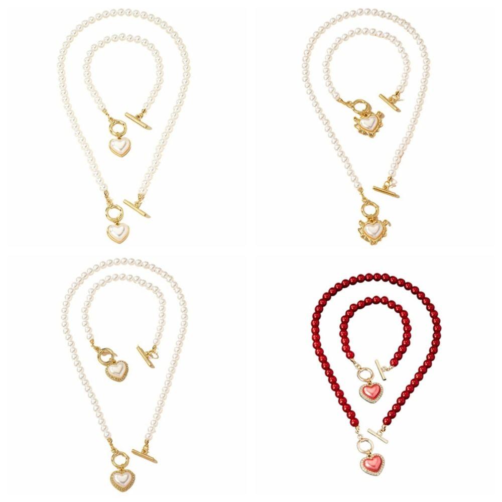 Beaded Heart Pendant Jewelry Set Crystal Pearl Necklace Set Necklace Bracelet Set  Wedding Party