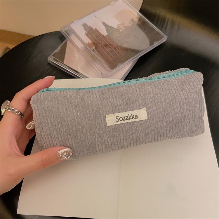 Little White Rabbit Corduroy Pencil Case – Vintage Solid Color Stationery Bag for Students