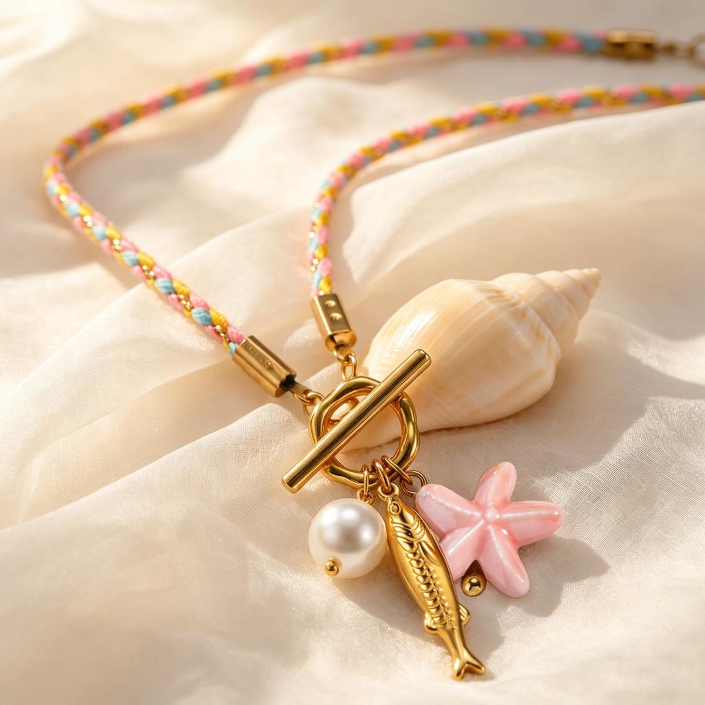 Stainless Steel Fish Ceramic Starfish Pendant Necklace OT Buckle Colorful Rope Long Chain 80cm, Bohemian Charm Jewelry for Women