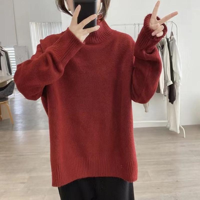 Høst og vinter ny løs og tynn avslappet myk voksaktig strikket genser topp ensfarget høyhalset genser damekåpe