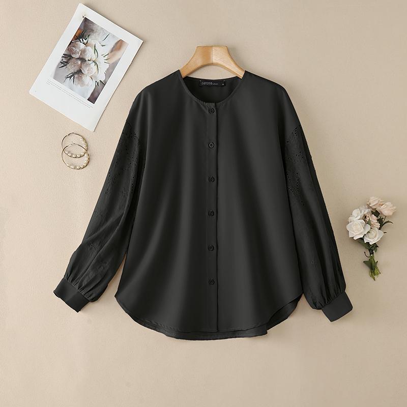 ZANZEA Női Alkalmi Kerek Nyakú Egyszínű Laza Hosszú Ujjú Blúz