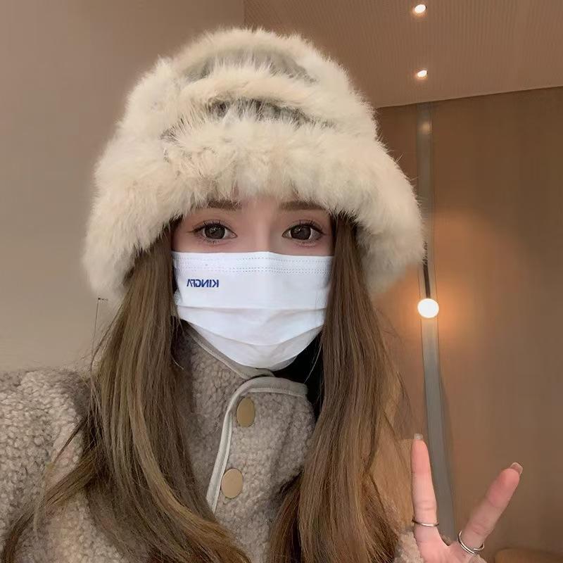 Warm Rabbit Fur Dome Hat Trendy Warm Furry Ear Flap Hat Fashionable Rabbit Fur Blend Hat