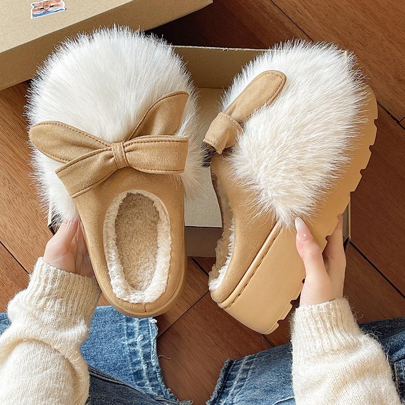 Women's Furry Bow Cotton Slippers: Thick-Soled, Velvet-Lined, Warm, Non-Slip for Autumn & Winter Indoors