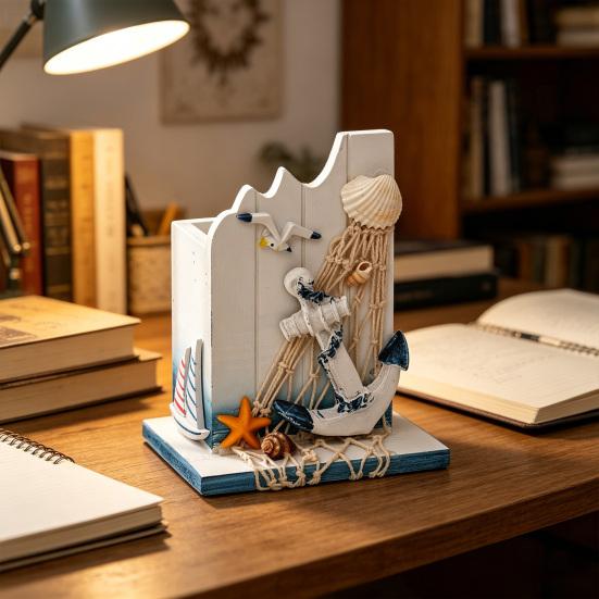 Maritimer Holz-Stifthalter Handgefertigt Mediterranes Thema Make-up-Pinsel-Organizer Ozeanstrand Stiftebehälter für Zuhause Büro