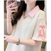 Large size fat mm waffle polo collar short-sleeved t-shirt women's summer new loose and thin bow top