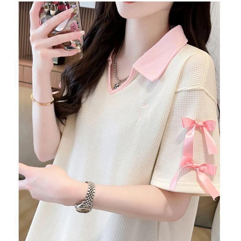 Large size fat mm waffle polo collar short-sleeved t-shirt women's summer new loose and thin bow top