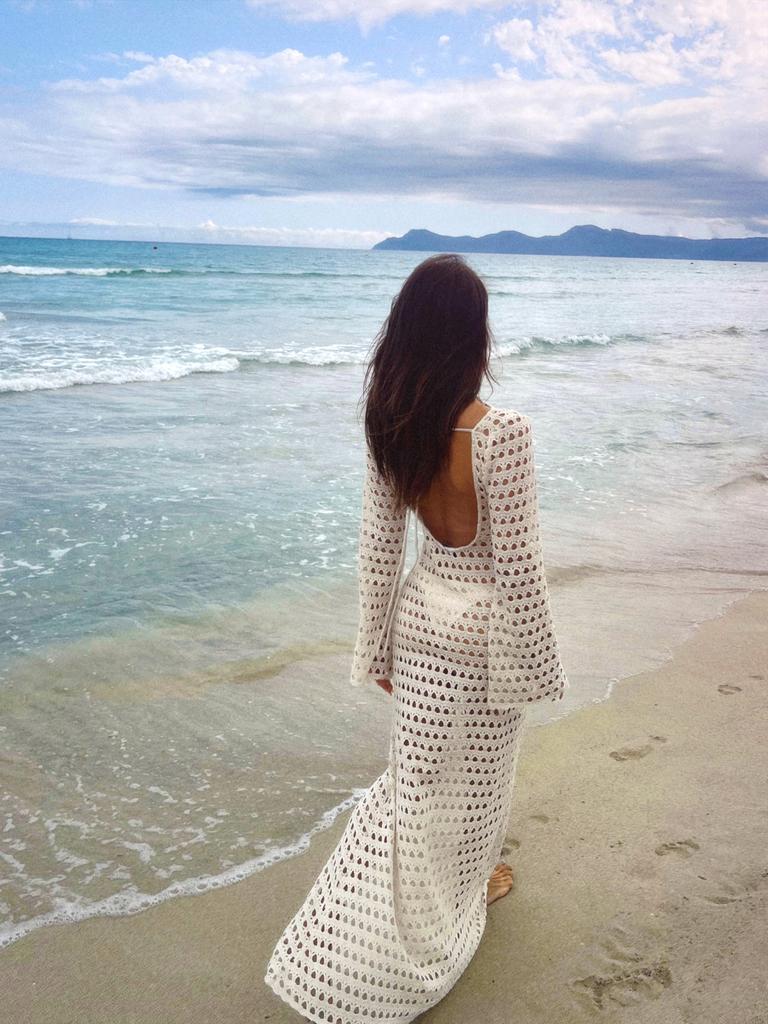 Sexy Knit Mesh Backless Long Bell Sleeve Beach Maxi Dress 2025 Women's Summer Slim Outfits Vacation Swimsuit Cover Up Tunic K205