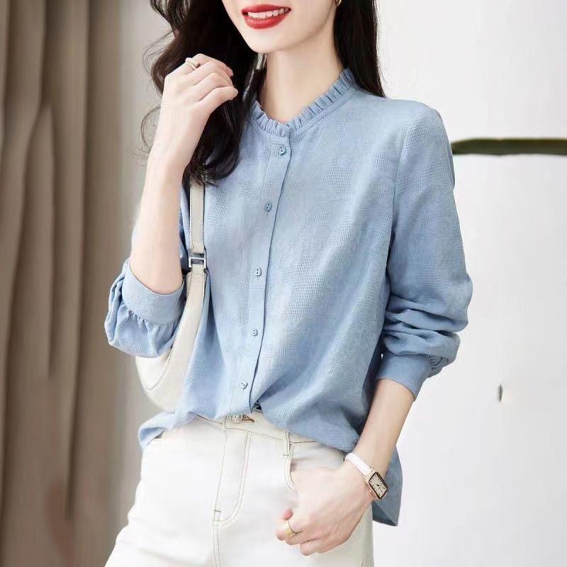 

Blouses Loose Thin Solid Ruffled Button Straight Casual Elegant Trend Simplicity Spring Summer Comfortable Women s Clothing L синій