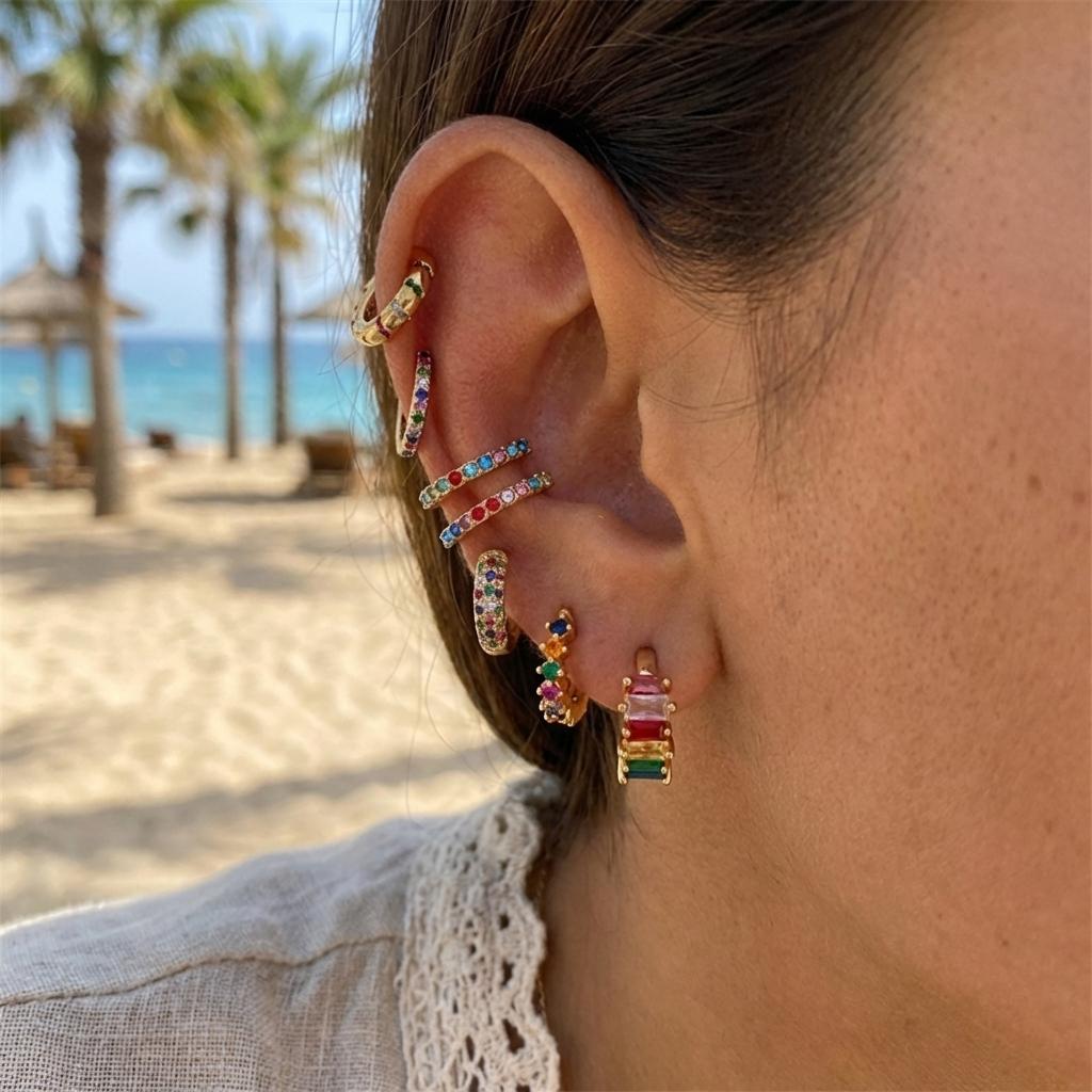 7pcs Bohemia Colorful Crystal Zircon Stud Earrings For Women Luxury Copper Ear Cuff Without Piercing Earring Party Charm Jewelry