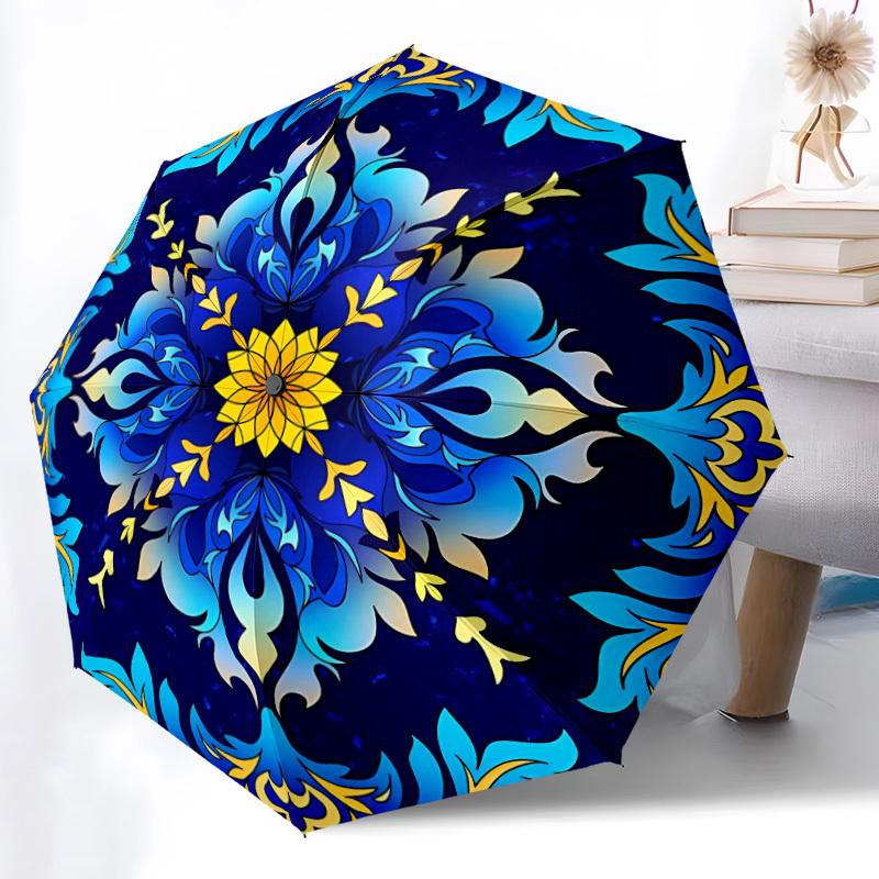 1pc Blue Yellow Flower Mandala Folding Umbrella, Durable, Suitable for Outdoor Activities or Rain, Suitable for Commuting Yy251027125