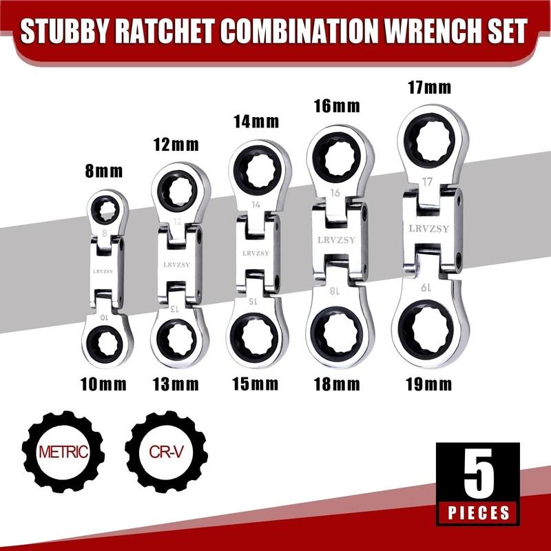 Stubby Wrenches Set, Flex Head Ratcheting Wrench Set Double Box End Ratchet Wrench Metric 8-19mm 5 Pieces (8 to 19 all)