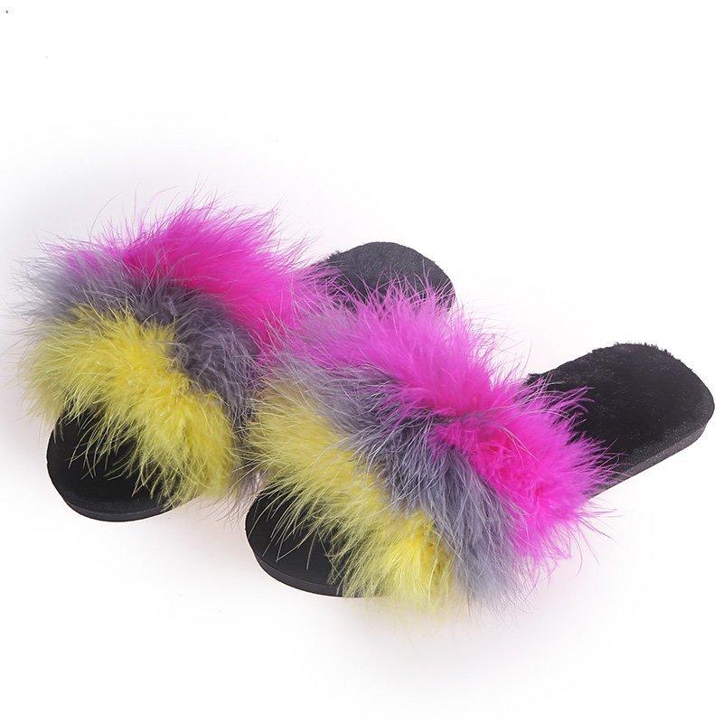 Fashion Mix Color Faux Fur Cotton Slippers for Women Fashion Open Toe Flats Slippers Woman Indoor Lightweight Non Slip Plush Slides Lady