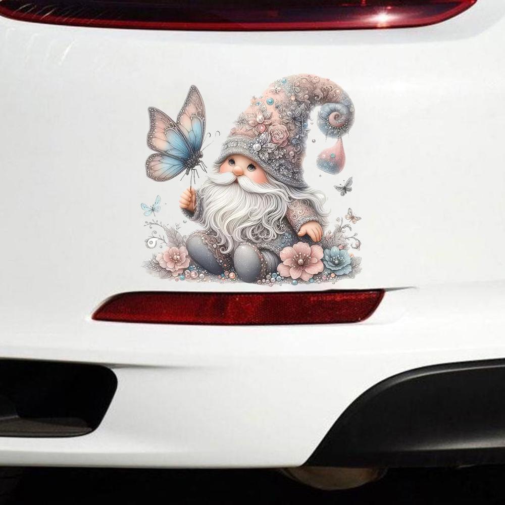 QT2384#15cm Cute Gnome with Butterfly Car Sticker, Suitable for Laptop, Car, Truck, Van, SUV, Motorcycle, Bumper, Window