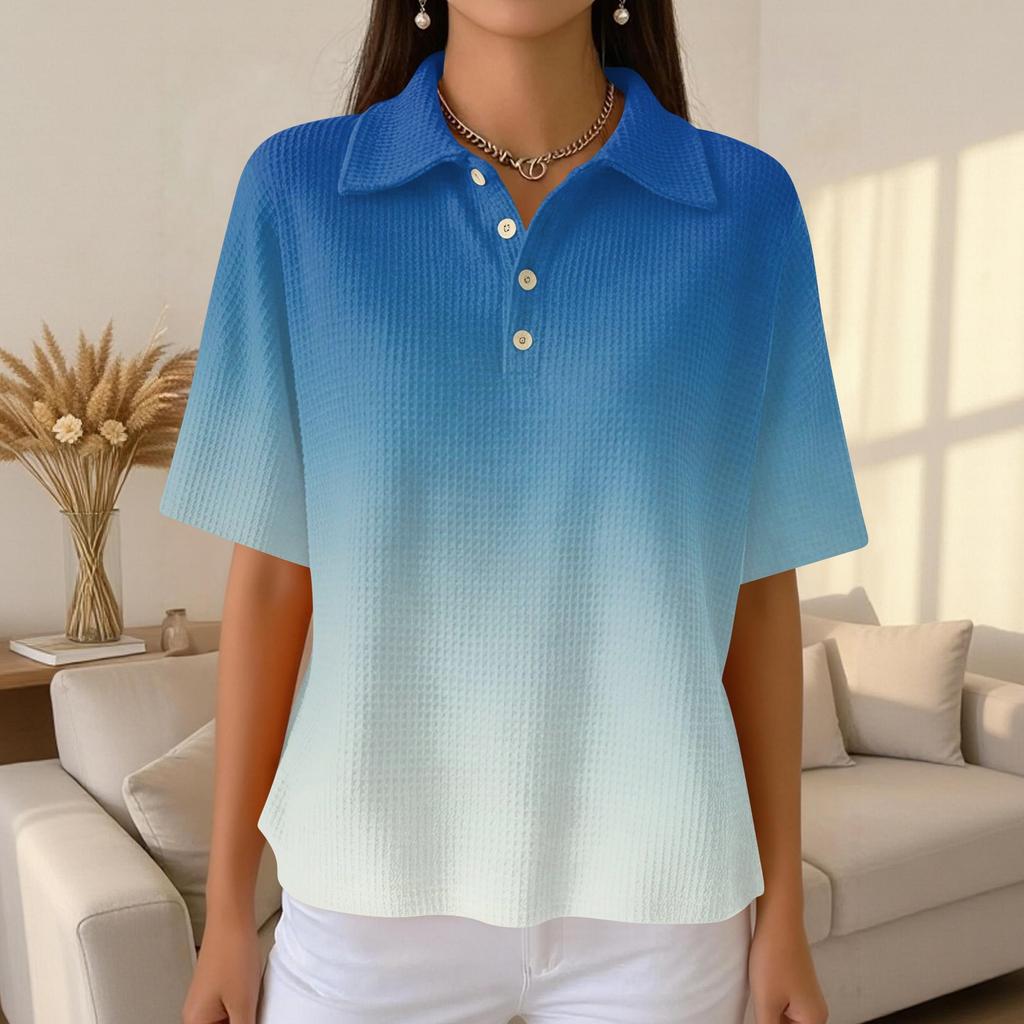 Polo Décontracté à Manches Courtes pour Femme en Tricot Gaufré Col Boutonné Coupe Ample Haut Léger pour un Usage Quotidien