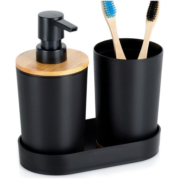 Ensemble d'accessoires de salle de bains Vilde - Distributeur de savon et gobelet - 16,5 x 8,5 x 17,5 cm - Noir