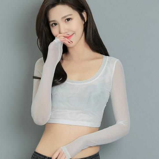 Dames Doorzichtig Kant Cropped Top - Lange Mouwen, Ronde Hals Mesh T-shirt voor Layering met Rokken
