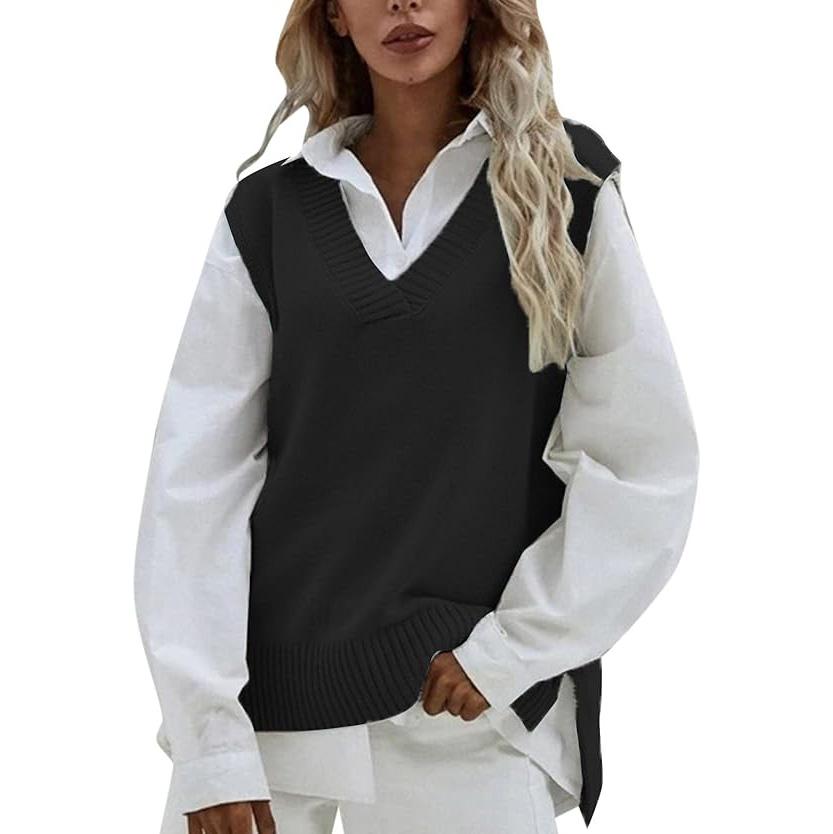 

Женский трикотажный жилет без рукавов с V-образным вырезом, ребристый трикотажный пуловер с разрезом, свитер, жилет, блузка, жилет, рубашка One Size чёрный