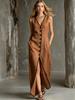 European and American new linen black edge contrasting color temperament single-breasted split-ended sleeveless holiday dress