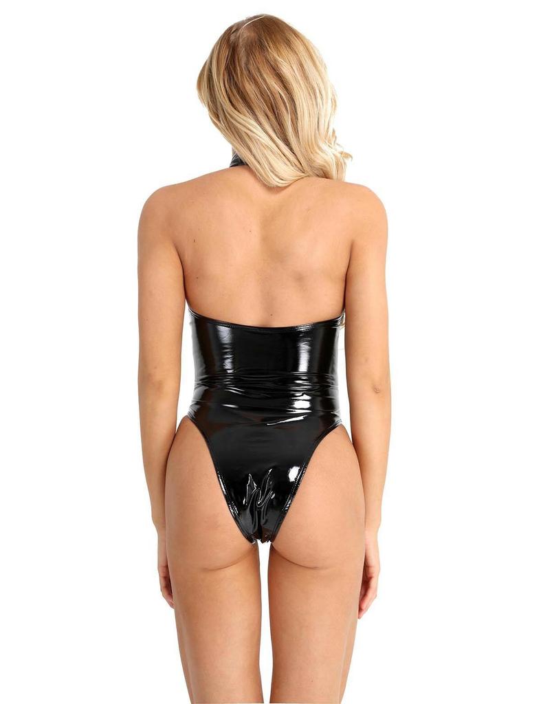 European & American Black Mirror PU Leather Halter Open Back Bodysuit Lingerie