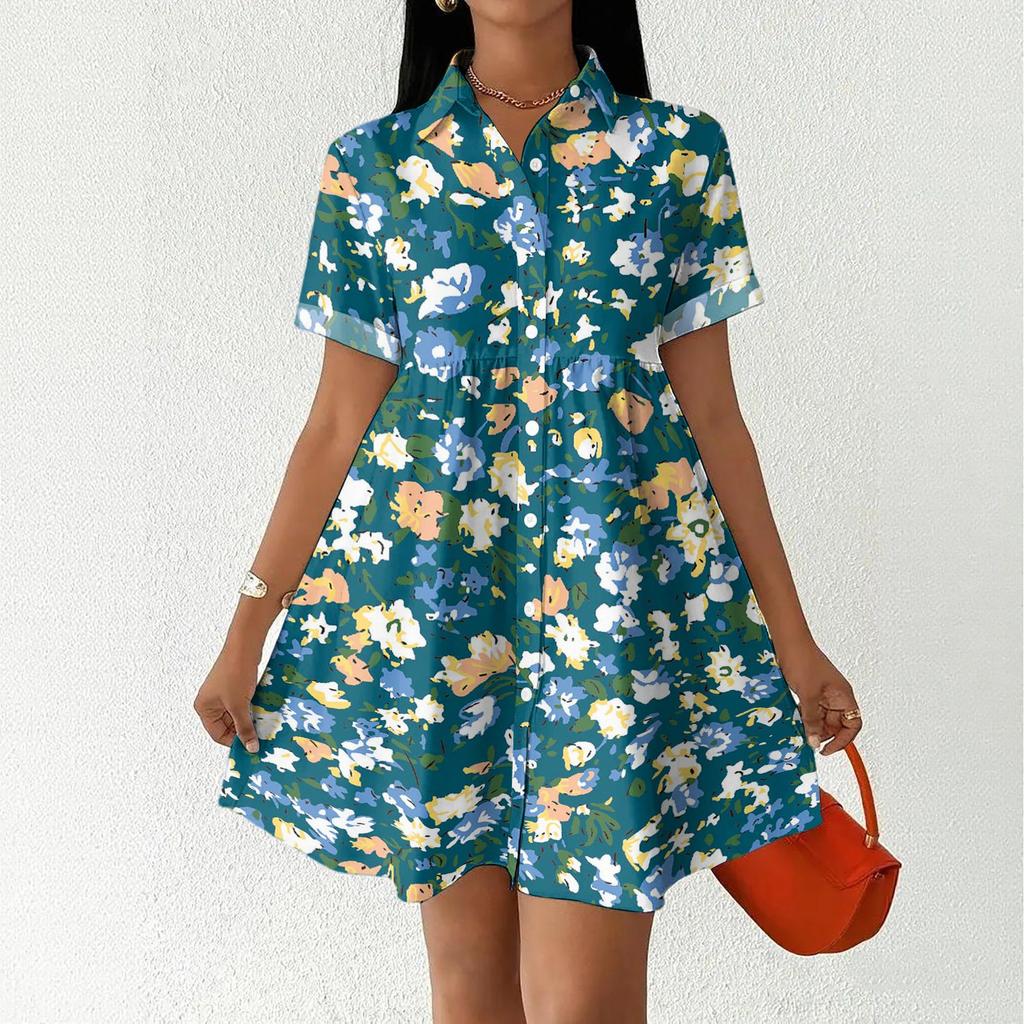 Women’s Casual Loose Fit Shirt Dress with Button Front Stand Collar Short Sleeve Patchwork Print Lightweight Design