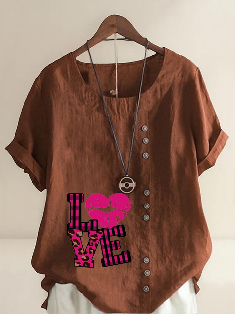 Women's Fashion Love Letters Print Shot Sleeve T-shirt Loose Cotton Shirt Casual Loose Summer Blouse Tops Plus Size