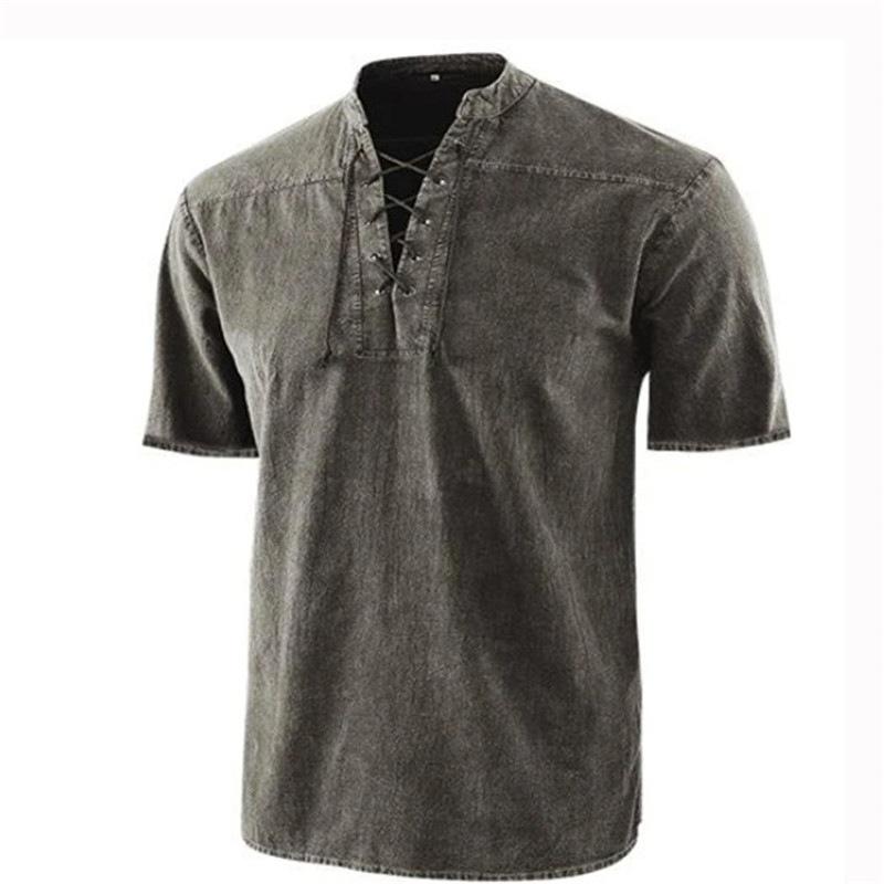 

Мужская футболка с V-образным вырезом, блузка, повседневная рубашка с коротким рукавом на шнуровке, топы