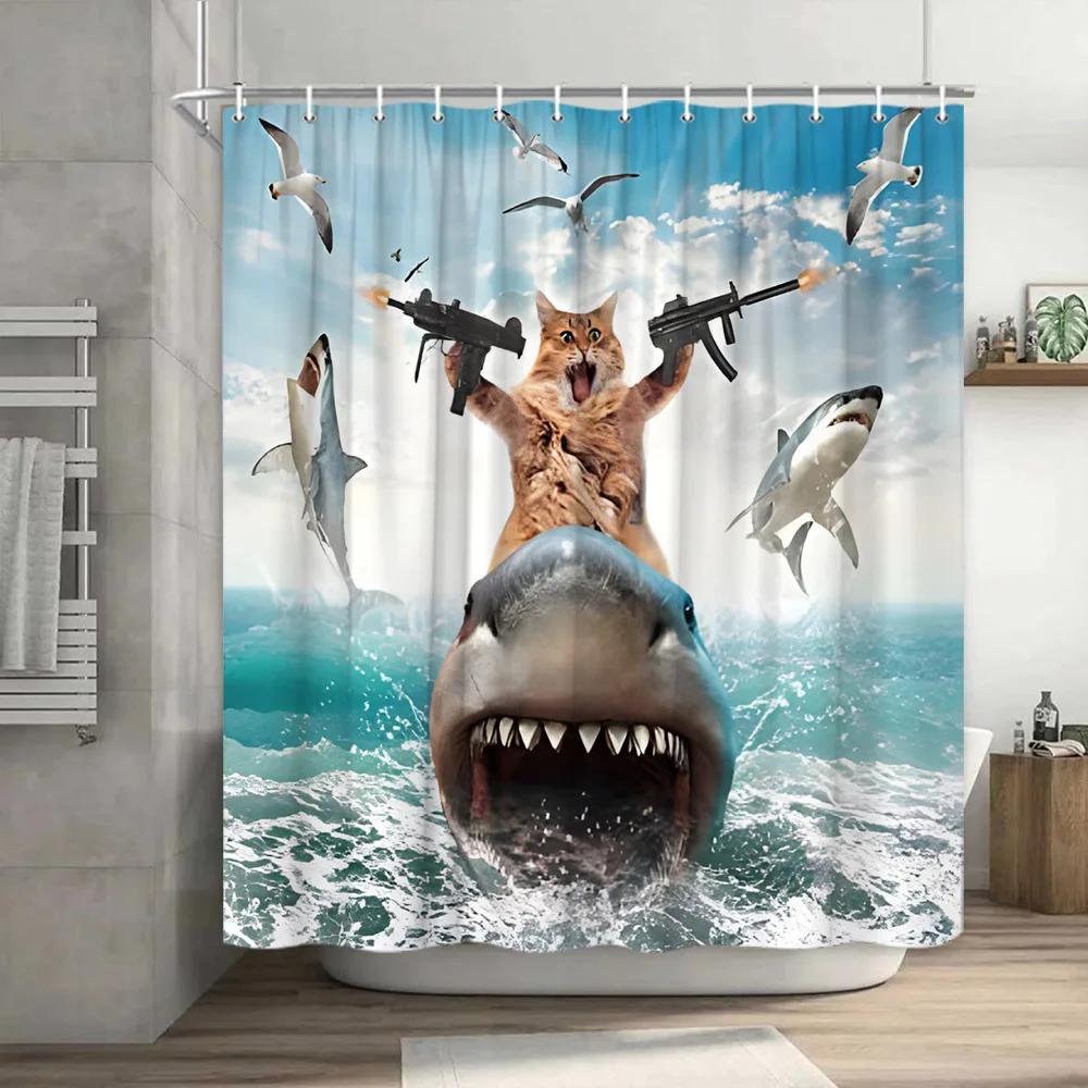 Zábavný kočičí sprchový závěs Zábavné zvíře ve vaně s rybami Látkový sprchový závěs Hilar set pro výzdobu koupelny s domácím mazlíčkem s háčky