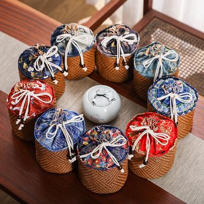 Vine Woven Tea Can Portable Gift Bags with A Closed Handle Bag Round Bottom Drawstring Bag Tea Set Packaging and Storage Bags