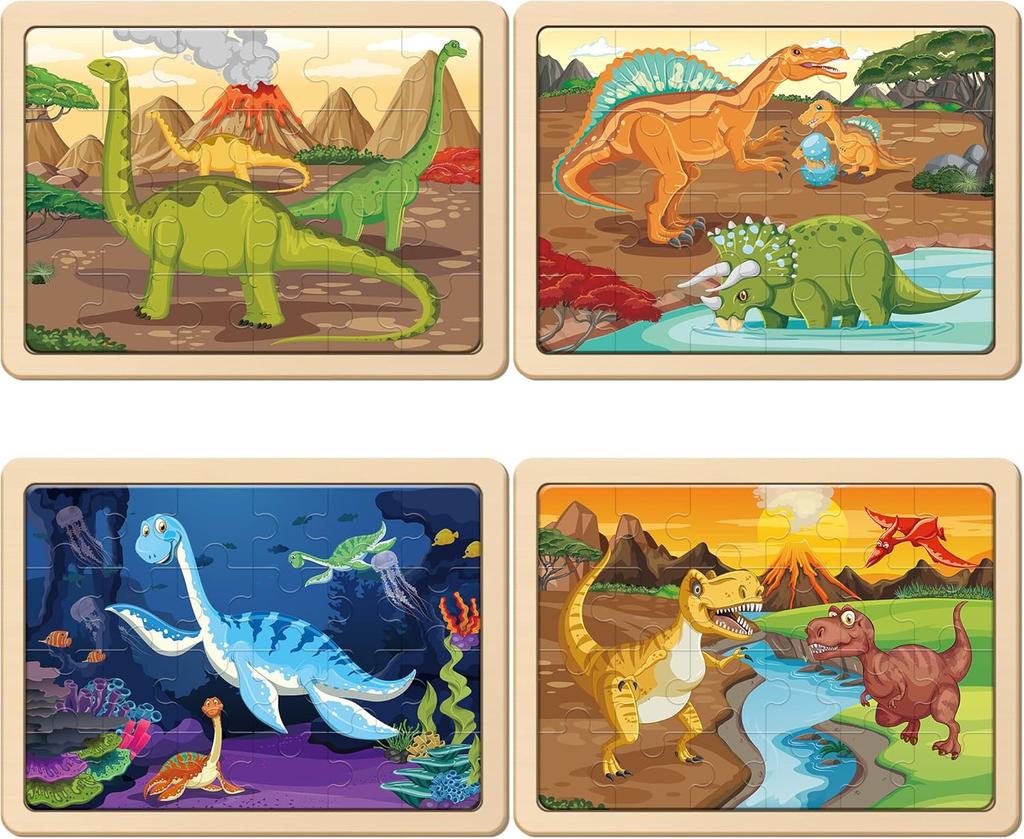 Dinosaur Puzzle from 3 4 5 6 Years, 4 X 24 Pieces Children's Dino Wooden Puzzle, Preschool Educational Toy, Gifts for Children for Boys and Girls