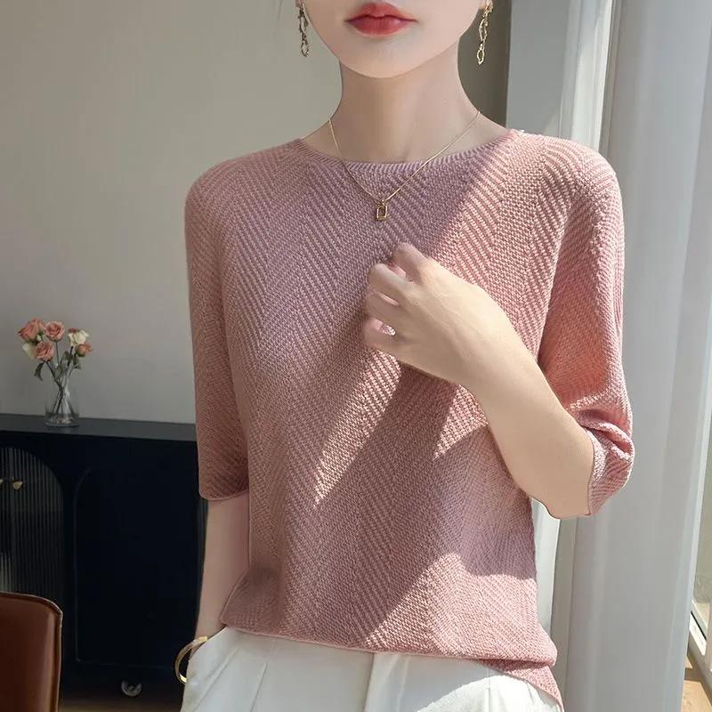 

Women Pink Herringbone Knit Round Neck Half Sleeve Sweater M розовый