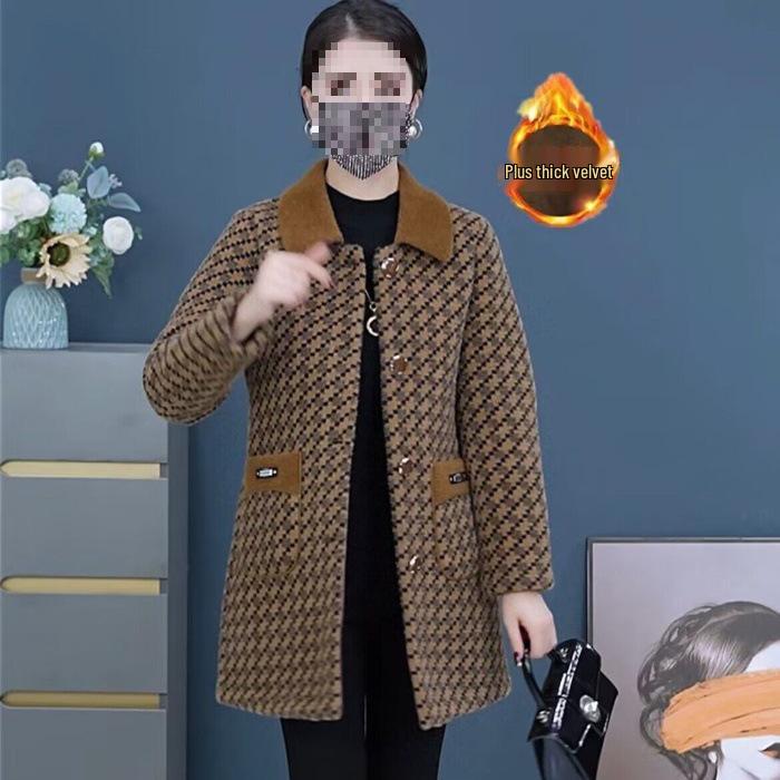 

Stylish Mid-Length Plaid Coat for Middle-Aged and Elderly Women - Perfect for Autumn and Winter 4XL