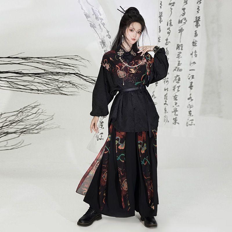Women's & Men's Dunhuang-Inspired Hanfu Set, Embroidered Shirt & Wide-Leg Pants, New Chinese Wuxia Style