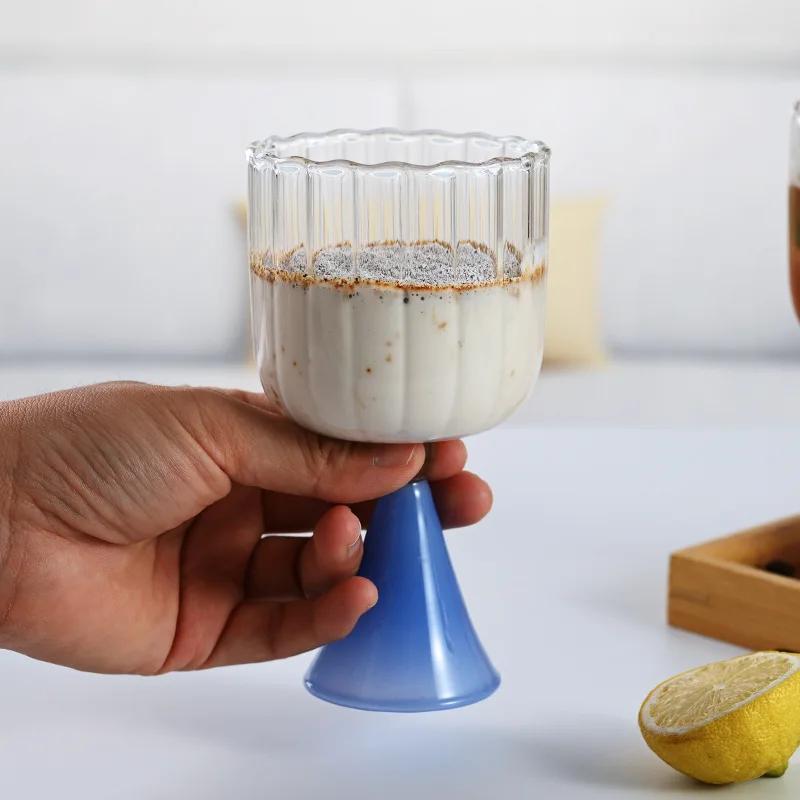 Small Ins Champagne Cup High Beauty Household Red Wine Cup Heat Resistant Vertical Textured Glass Mug Dessert Juice Goblet