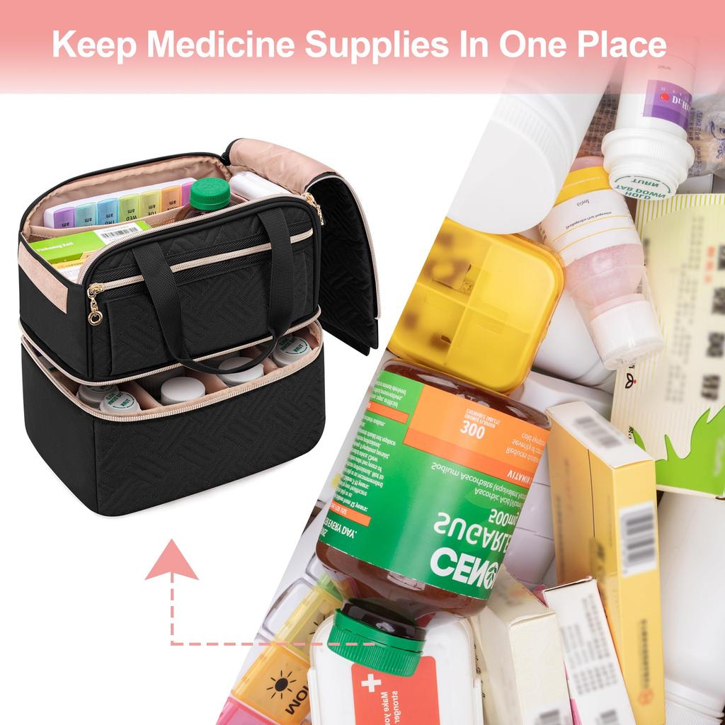 Damero Lockable First Aid Bag for Medicines and Supplements, Double-Layered, for Storage and Organization, Ideal for Home and Travel, Black (Bag Only)