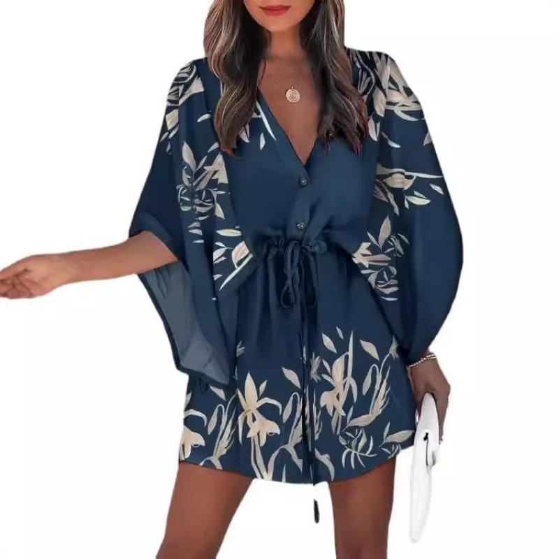 V-Neck Tie-Front Batwing Sleeve Casual Vacation Dress Women Floral Print Acetate Blend Short
