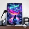 Cat Under Aurora Borealis Tinplate Poster Customized Wall Art Vintage Retro Metal Signs for House Decor Wand Deko Man Cave Room