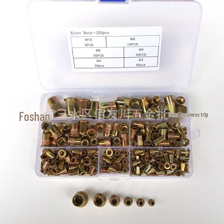 200-Piece M3-M10 Flat Head Vertical Ribbed Rivet Nut Set