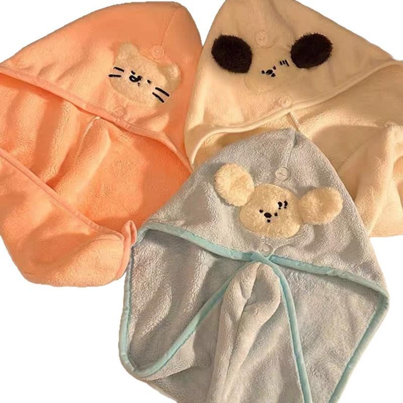 Soft Coral Fleece Hair Drying Cap Women With Cute Dog Quick Dry Absorbent Towel Hat
