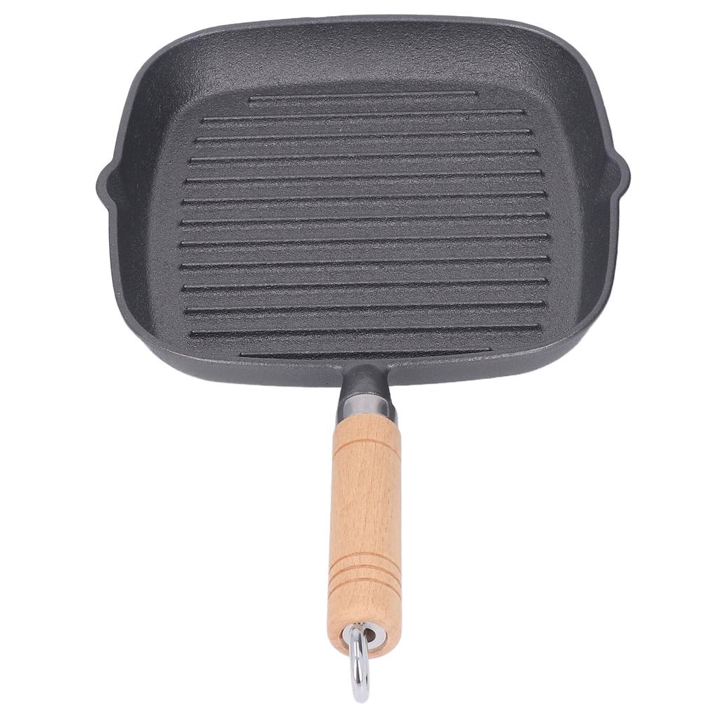 Grill Pan Multipurpose Prevents Stick Quadrate Cast Iron Steak Pan with Wooden Handle for Bacon Steak Onion