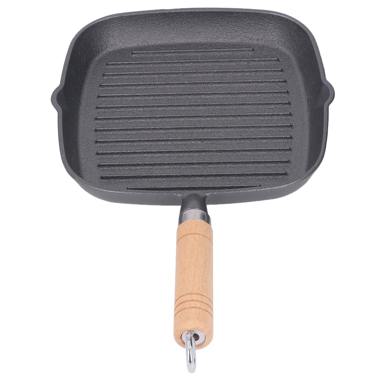 

Grill Pan Multipurpose Prevents Stick Quadrate Cast Iron Steak Pan with Wooden Handle for Bacon Steak Onion L