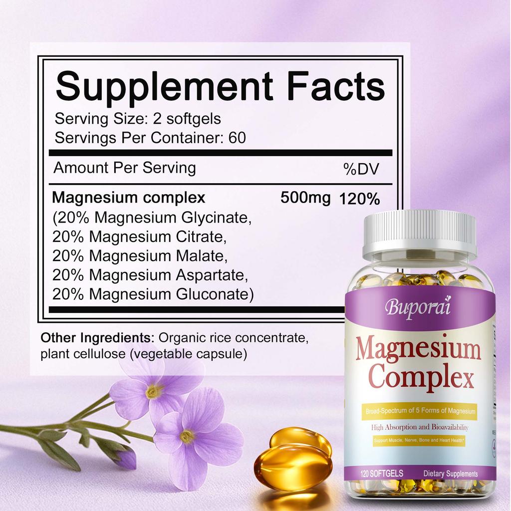 Complejo de Magnesio 5 en 1 500mg Mantener la función nerviosa y muscular Fortalecer la salud ósea