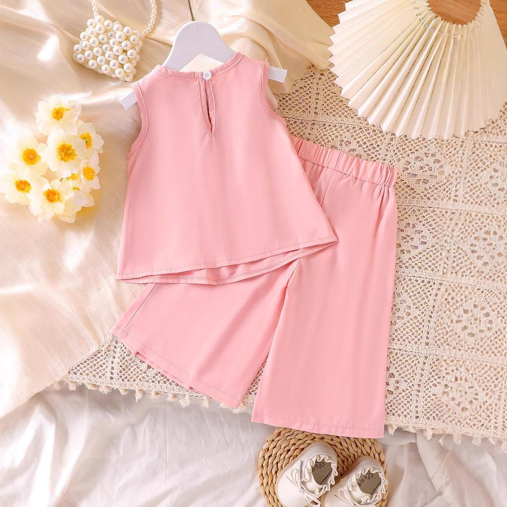 Sweet Set Girl's Spring/Summer Children's Sleeveless Bow Top + Trousers Two-piece Set